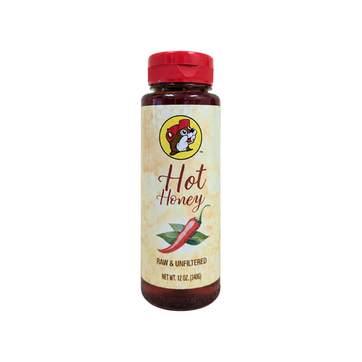Buc-ee's Hot Honey raw and unfiltered 12 oz squeeze bottle, front view