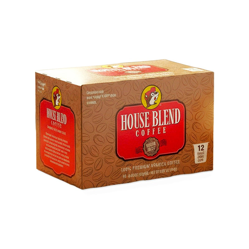 Box of Buc-ee's House Blend Medium Roast Coffee, 12 K-Cup pods, on white