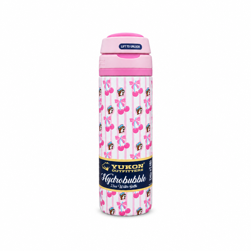Pink Buc-ee's 26 oz Hydrobubble bottle by Yukon with cherries, bows and Buc-ee print