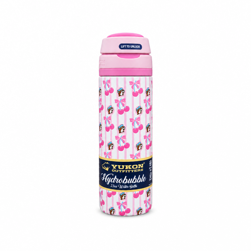 Pink Buc-ee's 26 oz Hydrobubble bottle by Yukon with cherries, bows and Buc-ee print