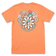 Back of Buc-ee’s I Deserve a Little Treat shirt in coral with retro daisies, peace signs, and beaver logo