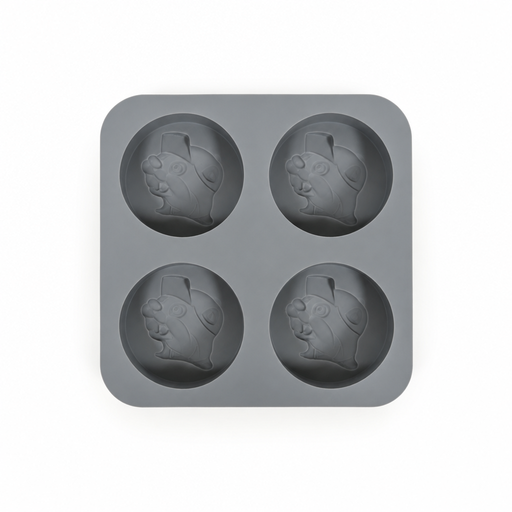 Buc-ee's ice mold tray in gray with four round cavities, each embossed with the Buc-ee beaver mascot wearing a cap