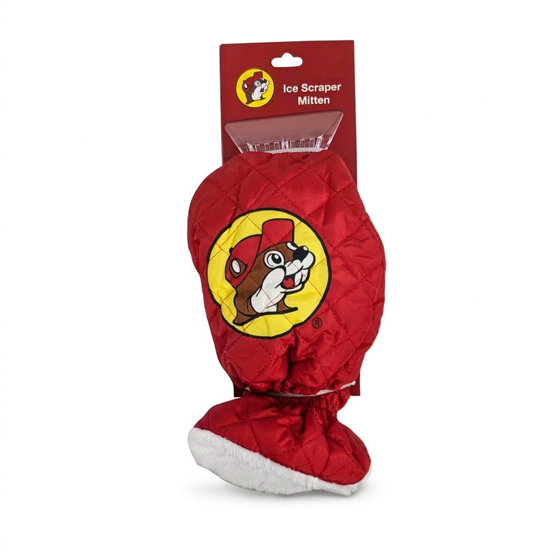 Buc-ee’s Ice Scraper Mitten in red quilted fabric with a beaver logo, white plush lining, and a clear scraper blade