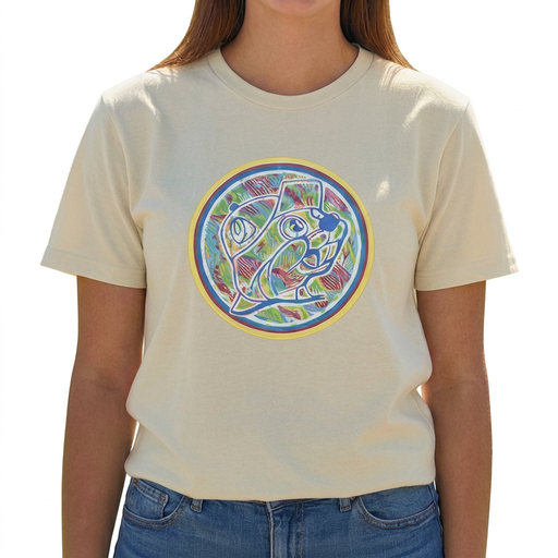 Buc-ee’s “I’m A Beaver Believer” cream crewneck T-shirt with a colorful painted beaver logo circle graphic