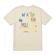 Back of Buc-ee’s I’m a Beaver Believer shirt in cream with colorful 90s-style lettering and geometric shapes