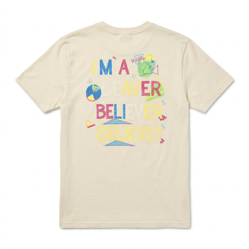 Back of Buc-ee’s I’m a Beaver Believer shirt in cream with colorful 90s-style lettering and geometric shapes