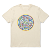 Buc-ee’s I’m a Beaver Believer shirt in cream with large circular painted-style beaver graphic, front view