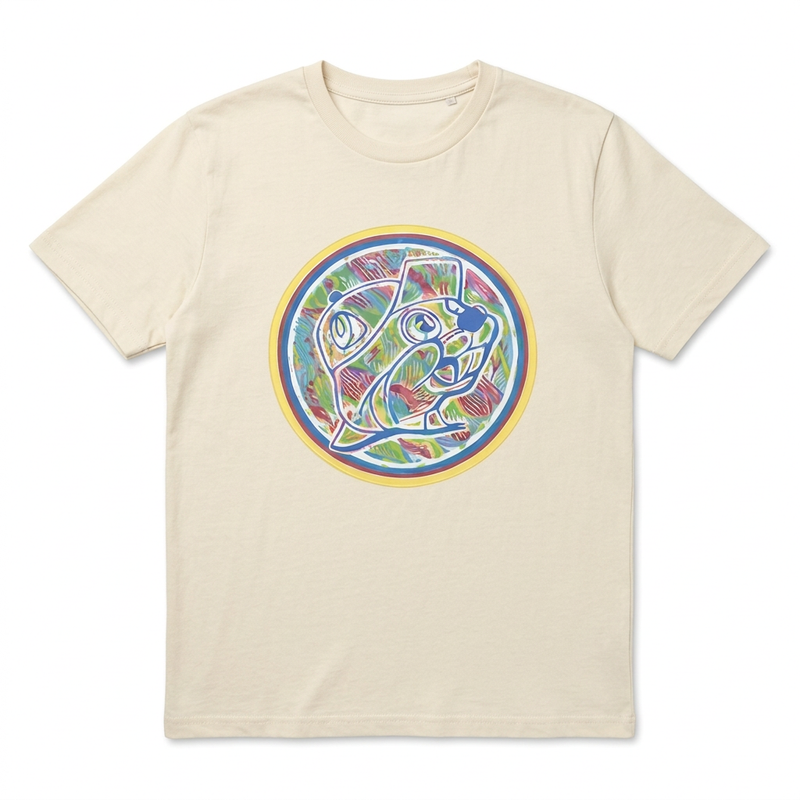 Buc-ee’s I’m a Beaver Believer shirt in cream with large circular painted-style beaver graphic, front view