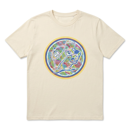Buc-ee’s I’m a Beaver Believer shirt in cream with large circular painted-style beaver graphic, front view