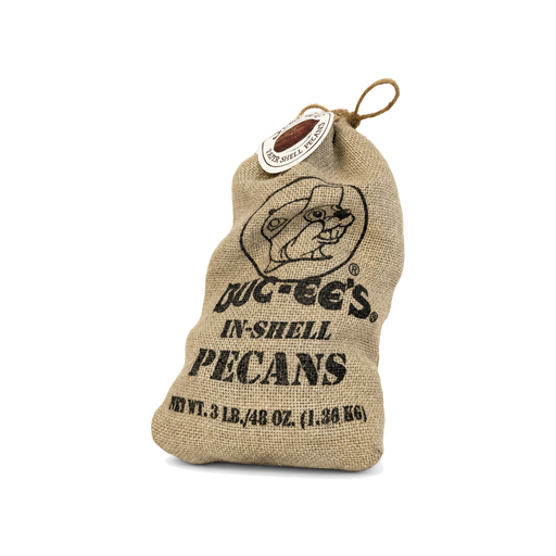 Burlap sack of Buc-ee's In-Shell Pecans, 3 lb, with Buc-ee the Beaver logo and twine tie