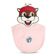 Buc-ee’s infant bib in solid pink with an embroidered pink-cap beaver patch on a blue circle, on a beaver-face card