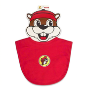 Buc-ee’s infant bib in solid red with an embroidered classic yellow beaver logo patch, on a beaver-face card
