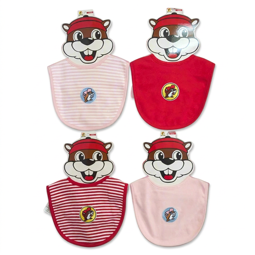 Buc-ee’s infant bibs in pink stripe, red, red stripe, and pink, each with an embroidered beaver patch on a beaver-face card
