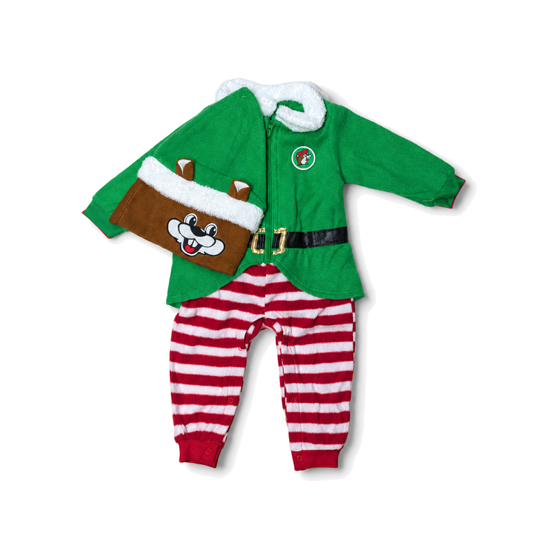 Infant Buc-ee's elf suit with green jacket, red and white striped pants and Buc-ee hat