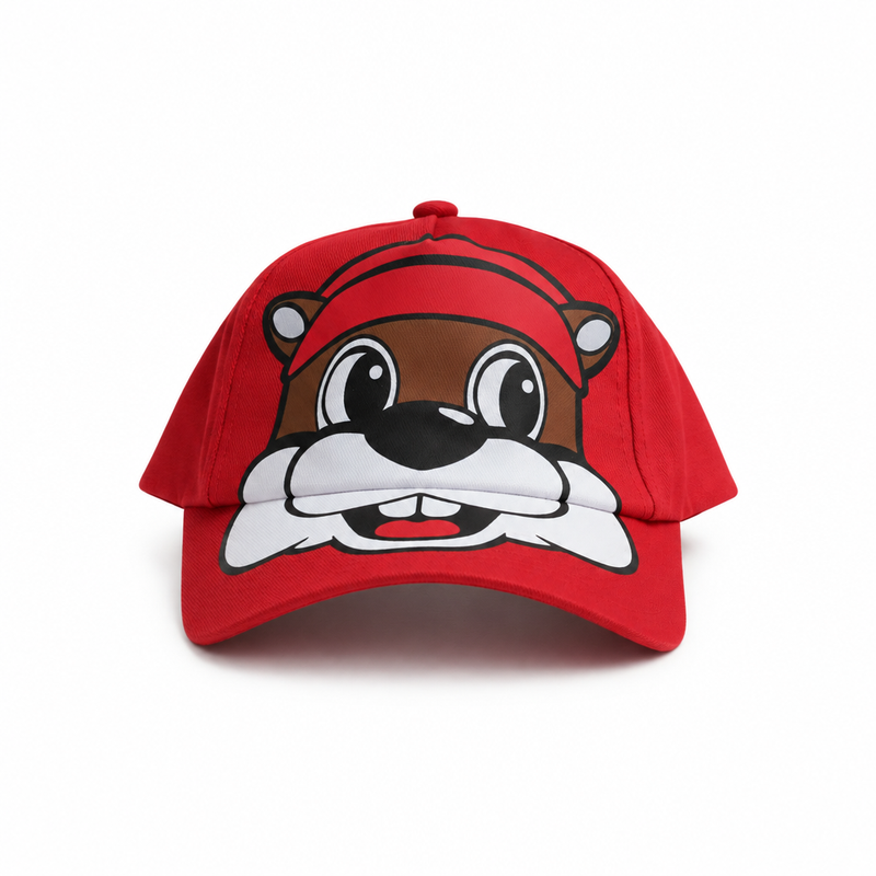 Buc-ee's infant baseball cap in red with the smiling Buc-ee beaver face printed across the crown and brim, front view