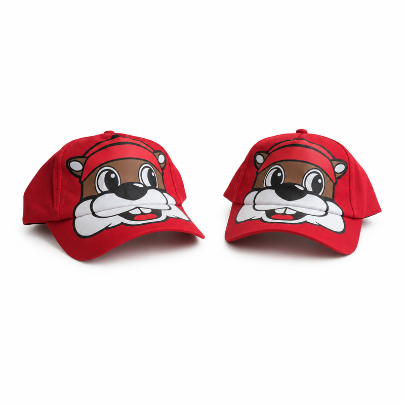 Two Buc-ee's red infant caps angled left and right, showing the side panels, curved brim, and full beaver face print