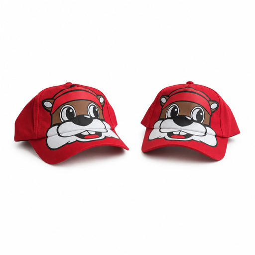 Two Buc-ee's red infant caps angled left and right, showing the side panels, curved brim, and full beaver face print