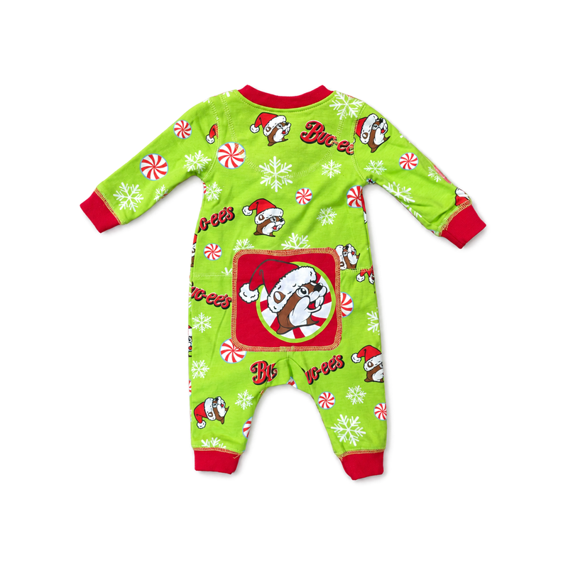 Back of the lime green infant Santa Buc-ee peppermint onesie with drop-seat flap