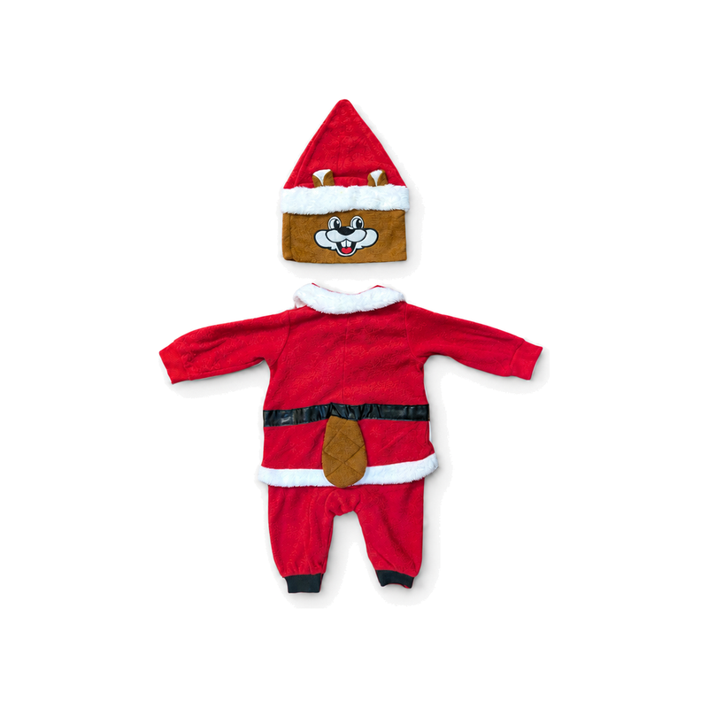 Back of the infant Buc-ee's Santa union suit with hat and tail patch