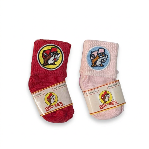 Buc-ee’s Infant Socks in red and pink with fold-over cuffs and embroidered beaver logo patches, sized 6–12 months