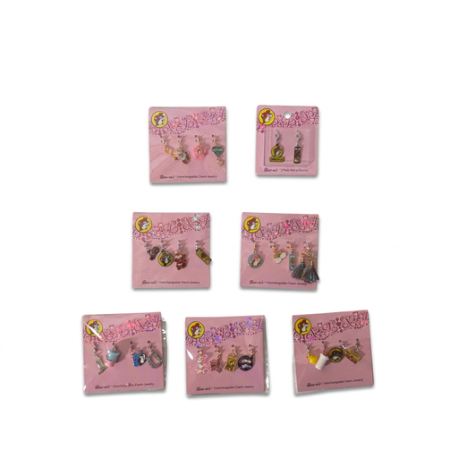 Buc-ee’s Interchangeable Charms in seven assorted packs on pink cards, featuring beaver, western, snack, and flower-themed charms