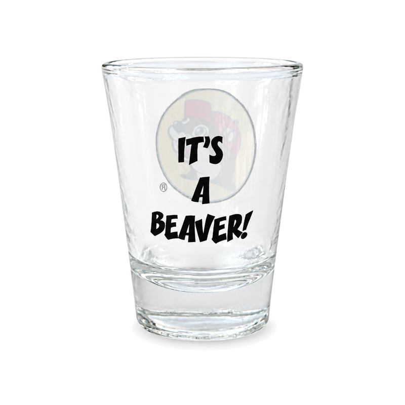 Buc-ee's It's a Beaver! clear glass shot glass with a full-color beaver mascot logo and bold black lettering