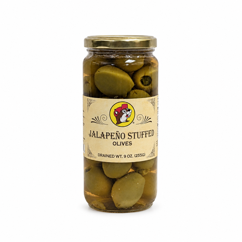 Glass jar of Buc-ee's Jalapeño Stuffed Olives, front label