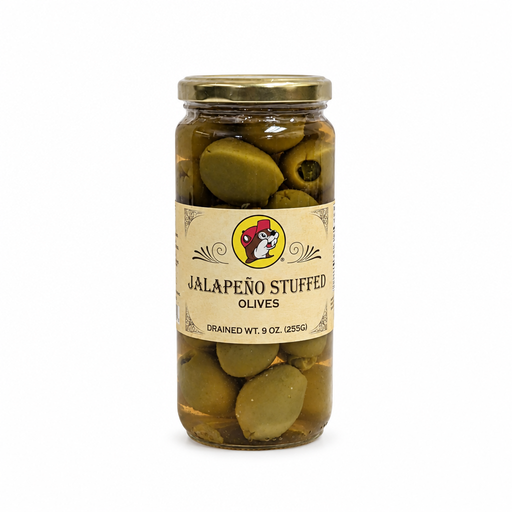 Buc-ee's Jalapeño Stuffed Olives, green olives filled with jalapeño peppers in a 9 oz glass jar with a gold lid
