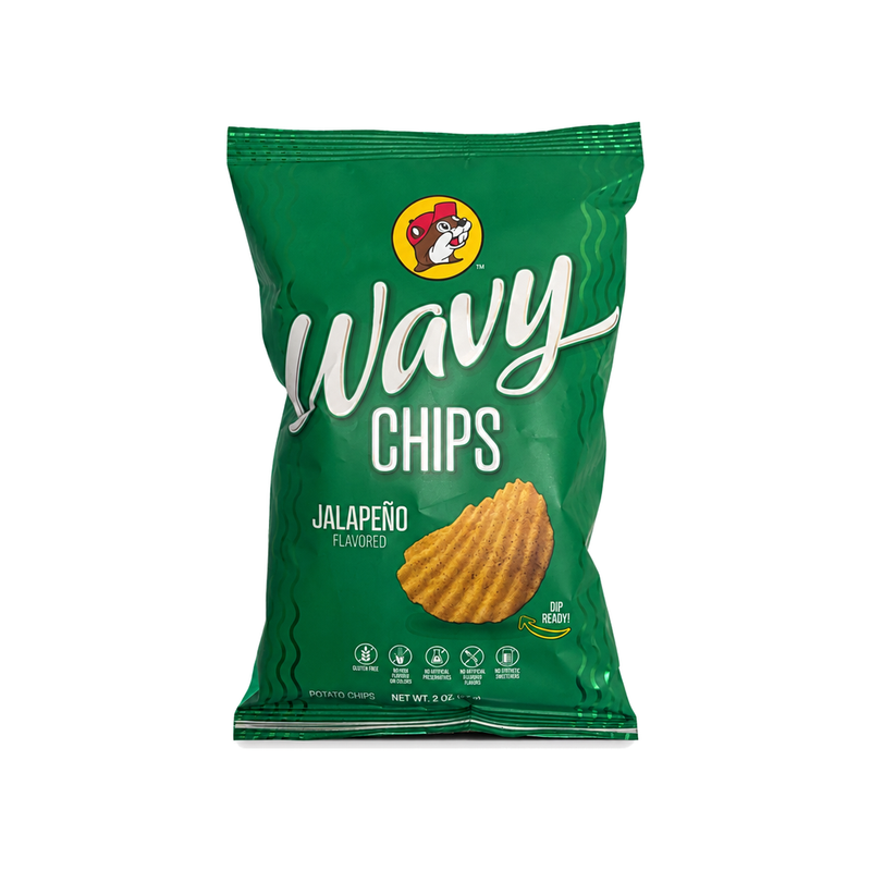 Green 2 oz bag of Buc-ee's Wavy Chips, Jalapeño flavor