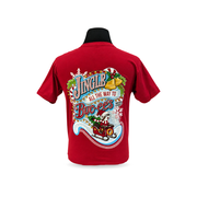 Red 2025 "Jingle All the Way to Buc-ee's" Christmas shirt on a mannequin, back view with sleigh scene