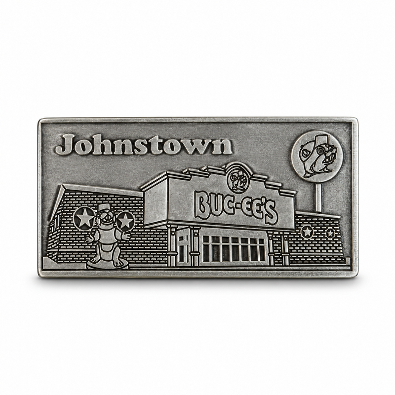 Buc-ee’s Johnstown, CO metal location magnet in antique silver finish with embossed Buc-ee’s store and beaver statue