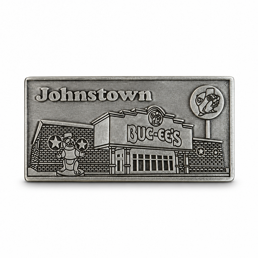 Buc-ee’s Johnstown, CO metal location magnet in antique silver finish with embossed Buc-ee’s store and beaver statue