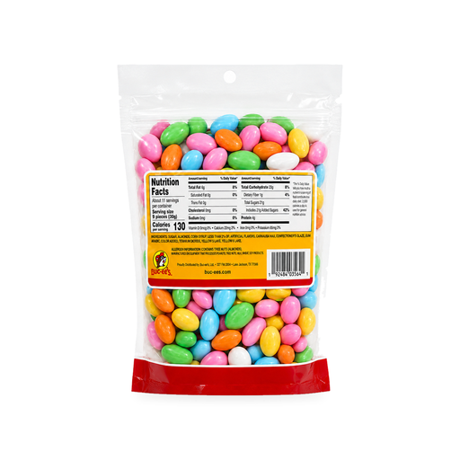 Back of Buc-ee's Jordan Almonds bag showing nutrition facts, ingredients, and tree nut allergen warning