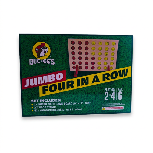 Buc-ee’s Jumbo 4-in-a-Row Game Set box showing a wooden game board with red and yellow checkers, for 2 to 4 players