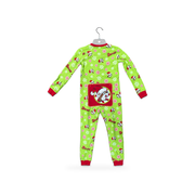 Back of lime green kids Santa Buc-ee peppermint onesie pajamas with drop-seat flap