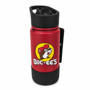 Buc-ee's Kids Water Bottle in red with a black flip-up spout lid, carry handle, textured bottom boot, and beaver logo