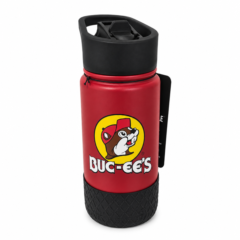 Buc-ee's Kids Water Bottle in red with a black flip-up spout lid, carry handle, textured bottom boot, and beaver logo