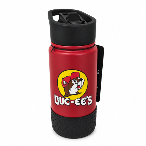 Buc-ee's Kids Water Bottle in red with a black flip-up spout lid, carry handle, textured bottom boot, and beaver logo