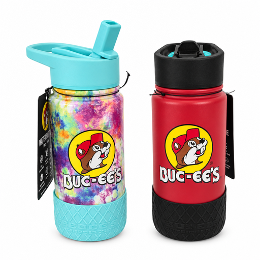 Buc-ee's Kids Water Bottles with flip-up spout in tie-dye with a teal lid and red with a black lid, each with a beaver logo