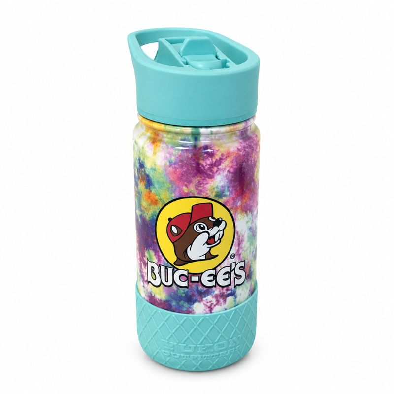 Buc-ee's Kids Water Bottle in tie-dye with a teal flip-up spout lid, carry handle, textured bottom boot, and beaver logo