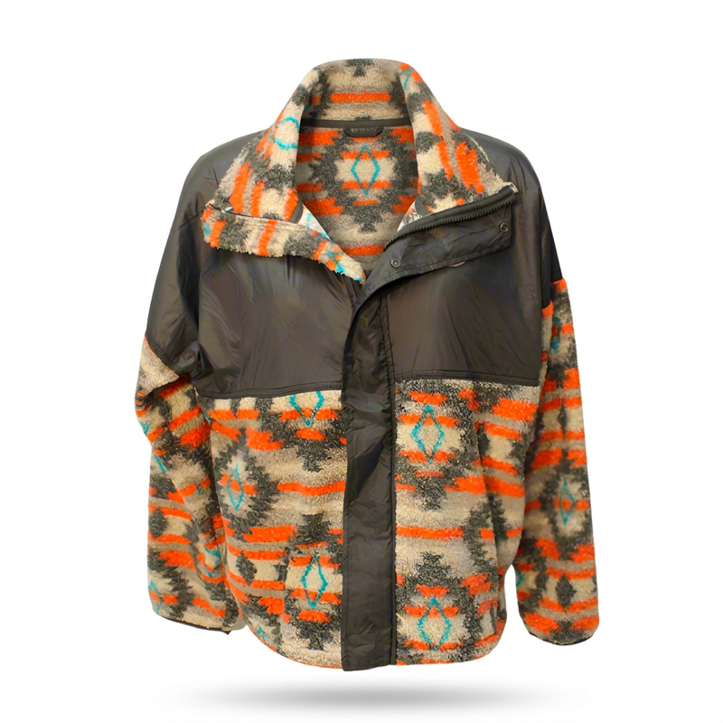 Buc-ee’s ladies’ Berber Aztec fleece jacket with an orange, turquoise, and cream pattern, charcoal nylon yoke, and zip front