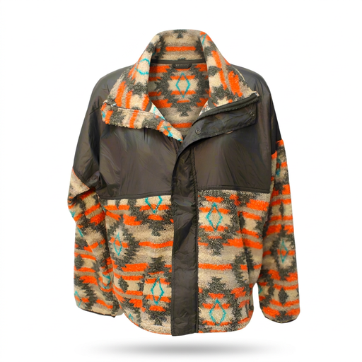 Buc-ee’s ladies’ Berber Aztec fleece jacket with an orange, turquoise, and cream pattern, charcoal nylon yoke, and zip front