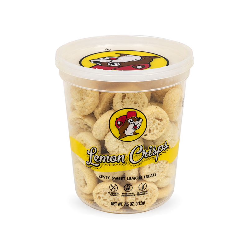 7.5 oz tub of Buc-ee's Lemon Crisps cookies with yellow label, front view on white