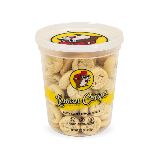 Buc-ee's Lemon Crisps in a 7.5 oz clear tub, sugar-dusted lemon cookie bites with no artificial flavors or colors