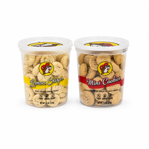 Buc-ee's Lemon Crisps and Mini Cookies in 7.5 oz clear tubs, bite-size lemon and sweet-and-salty cookie snacks