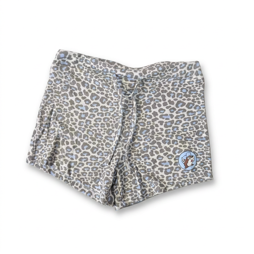 Buc-ee’s leopard lounge shorts in a cream, gray, and light blue print with a drawstring waist and small beaver logo