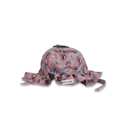 Buc-ee’s Leopard Love infant bucket hat in pink and blue leopard print with ruffled brim and chin tie