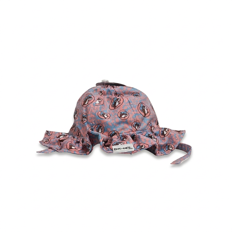 Buc-ee’s Leopard Love infant bucket hat in pink and blue leopard print with ruffled brim and chin tie