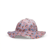 Buc-ee’s Leopard Love children’s bucket hat in pink and blue leopard print with allover beaver logos