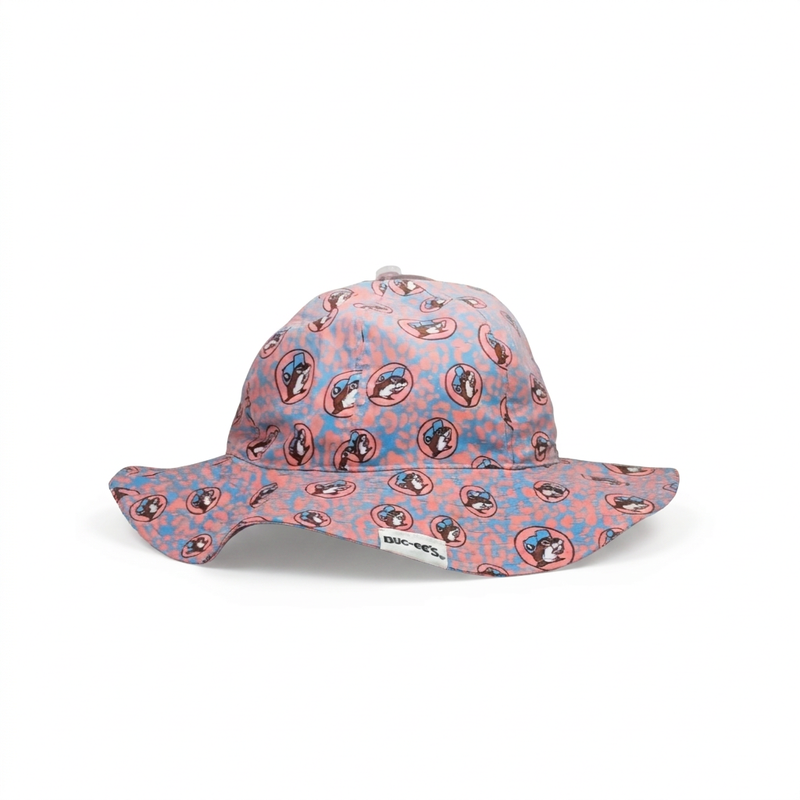 Buc-ee’s Leopard Love children’s bucket hat in pink and blue leopard print with allover beaver logos